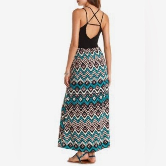 Open criss cross back black and tribal print maxi dress size medium - Picture 3 of 8